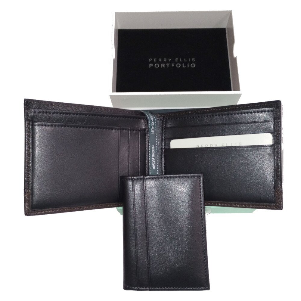 NWT Premium Leather 2 PC SET Portfolio Passcase Bifold Wallet Colorblock